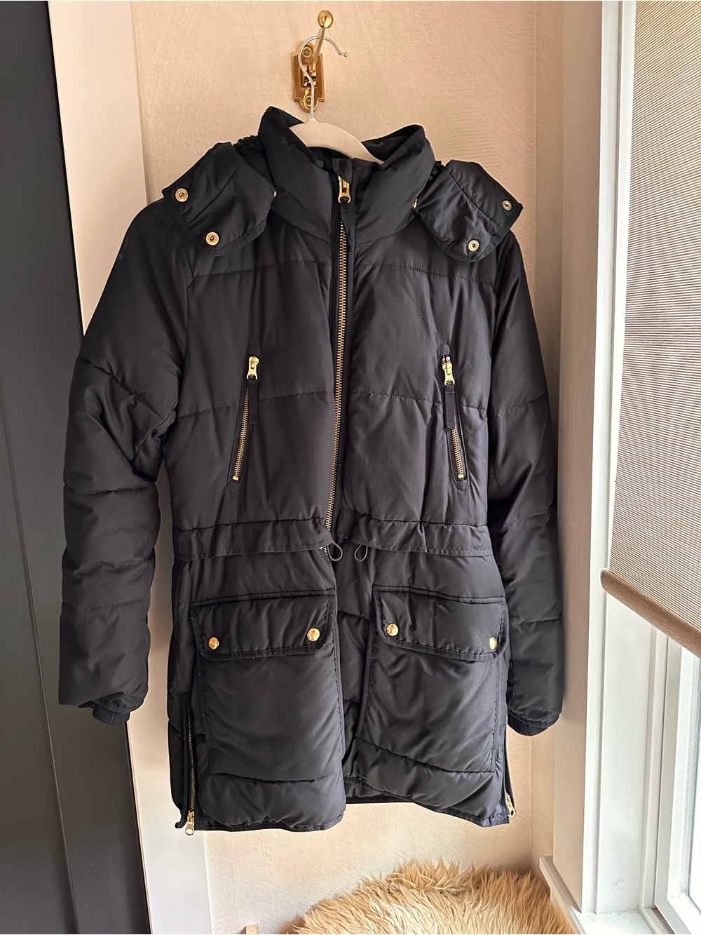 J. Crew Black Puffer Coat with Gold Hardware